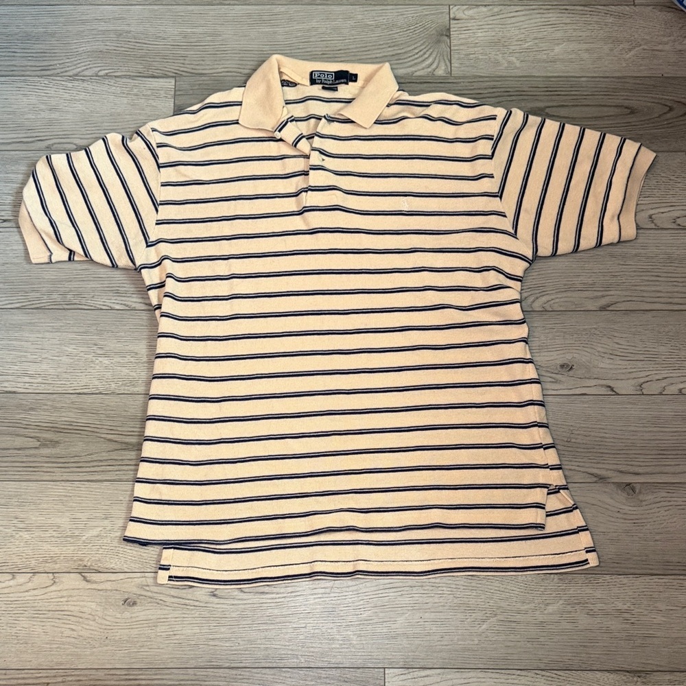 Polo Ralph Lauren Beige Blue Striped Short Sleeve Knit Polo Shirt Large